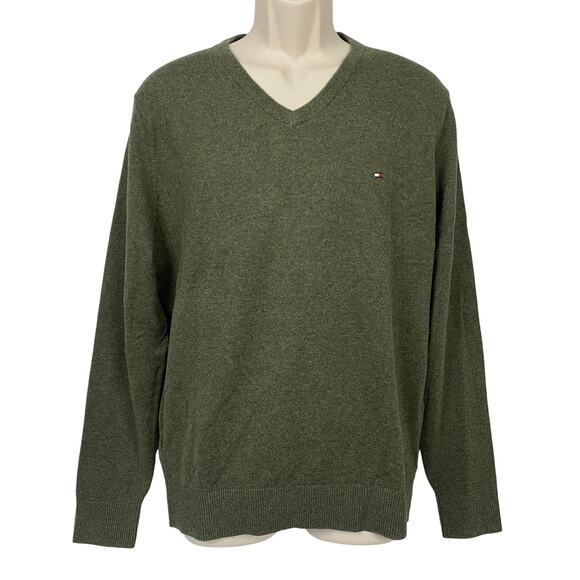 Tommy Hilfiger Cotton Cashmere Sweater Mens Large Forest Green V Neck Pullover - Picture 1 of 8